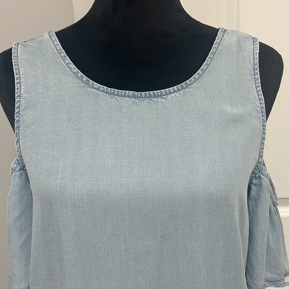 Noisy May Womens Chambray Open Shoulder Ruffle Tencel Dress Short Sleeve Blue M - Picture 2 of 8